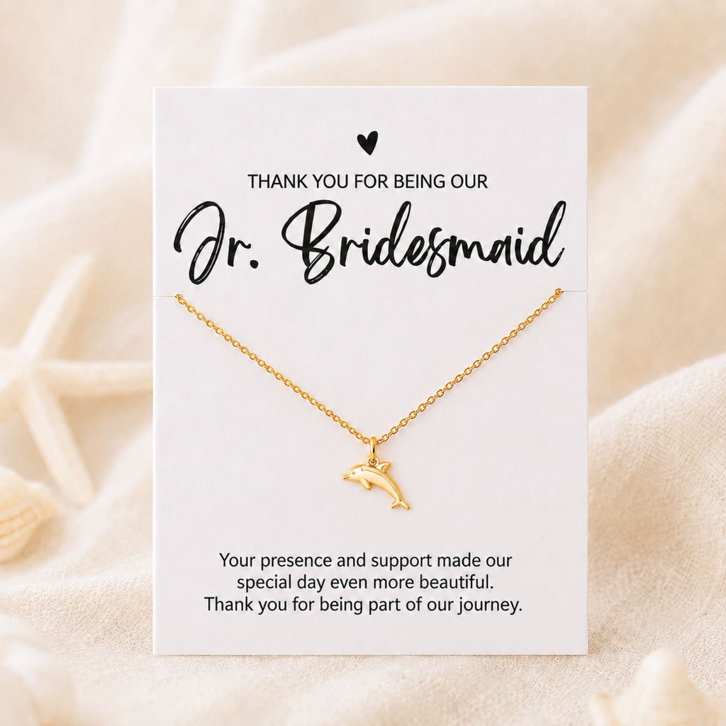 Jr. Bridesmaid beach wedding necklace gift with gold dolphin pendant and thank you card