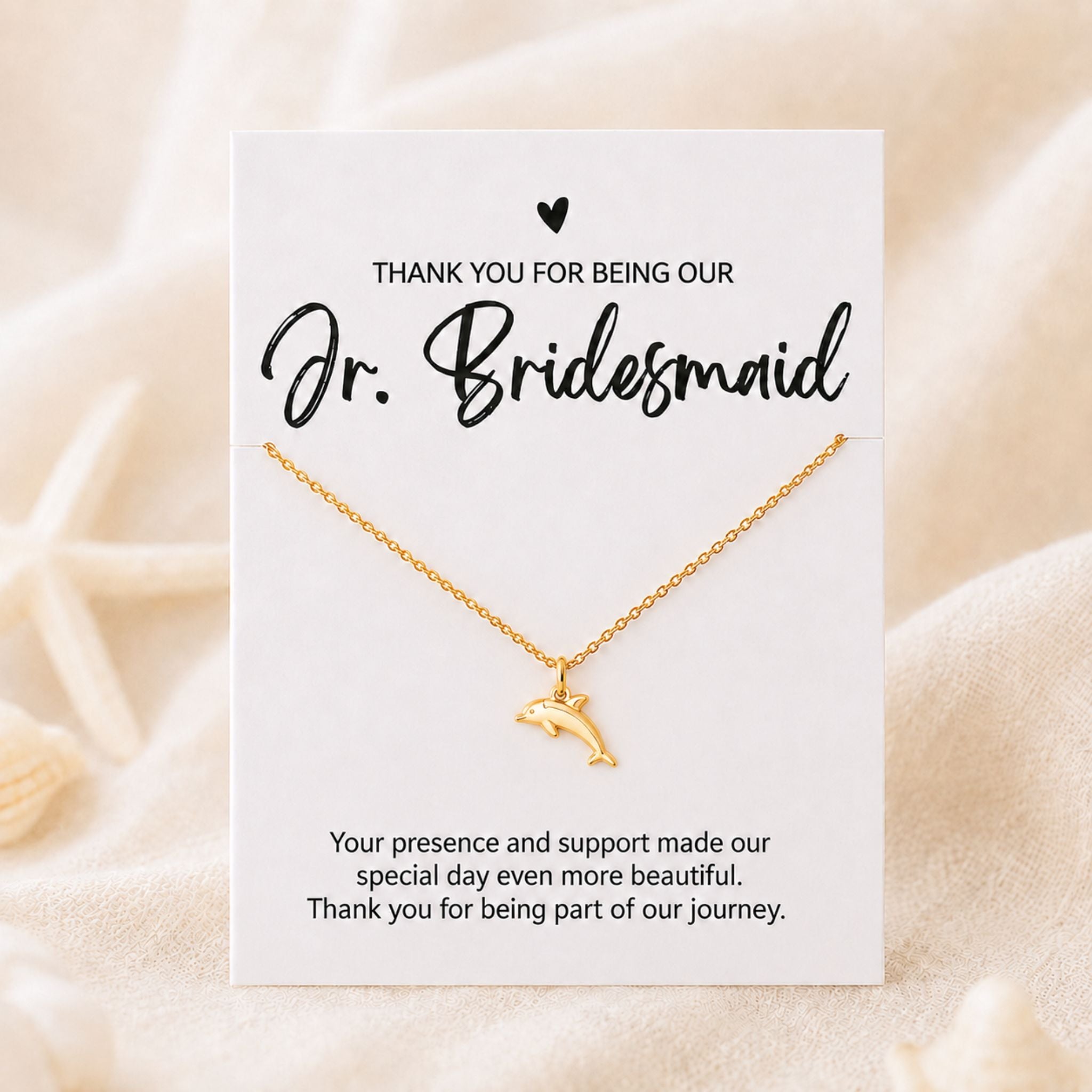 Jr. Bridesmaid beach wedding necklace gift with gold dolphin pendant and thank you card