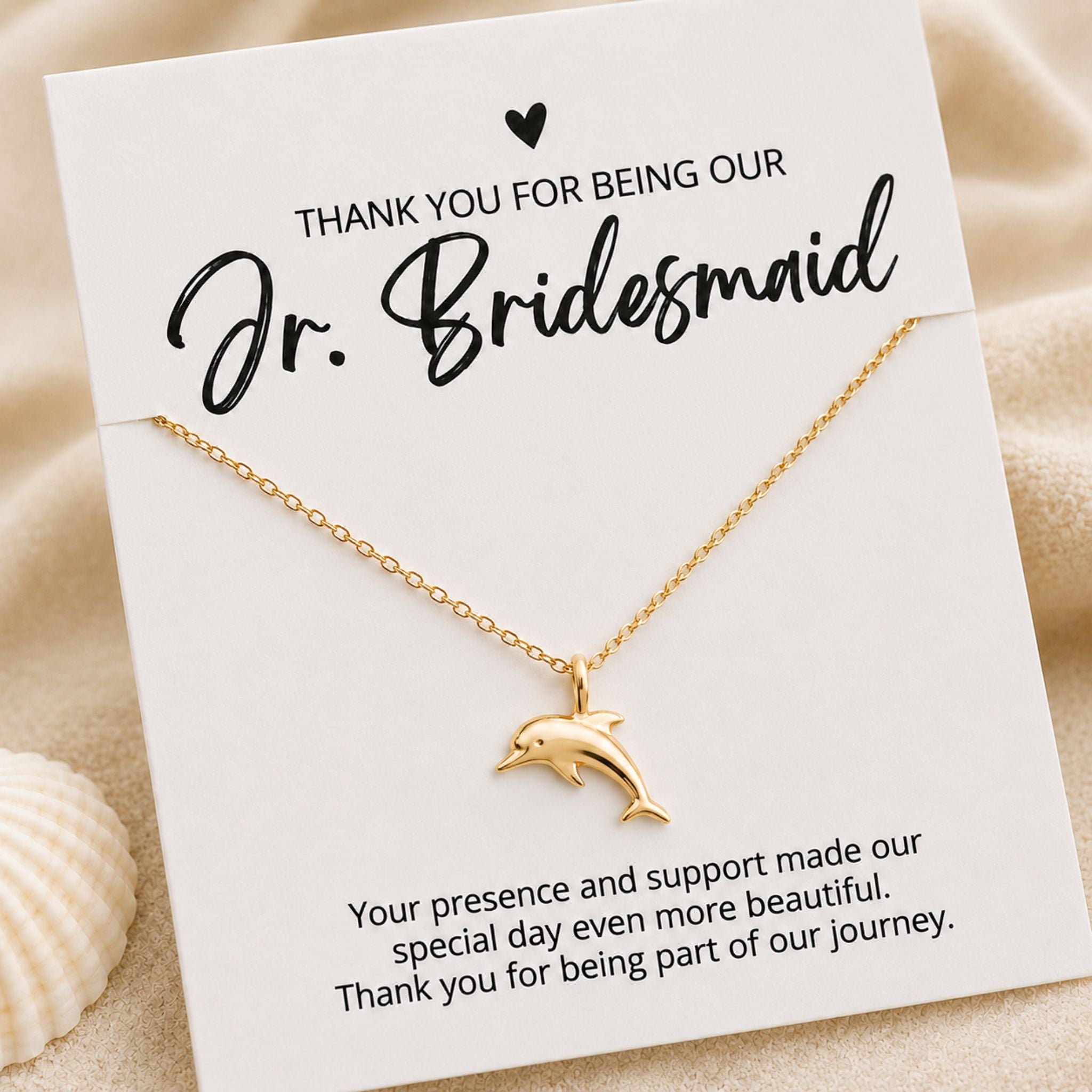 Jr. Bridesmaid coastal necklace gift with gold dolphin pendant and thank you card