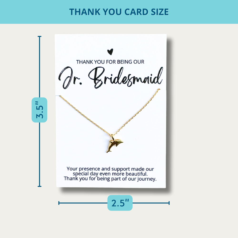 thank you card size for an 18k gold dipped dolphin necklace on a bridesmaid thank you card for an affordable bridal party gift for beach wedding