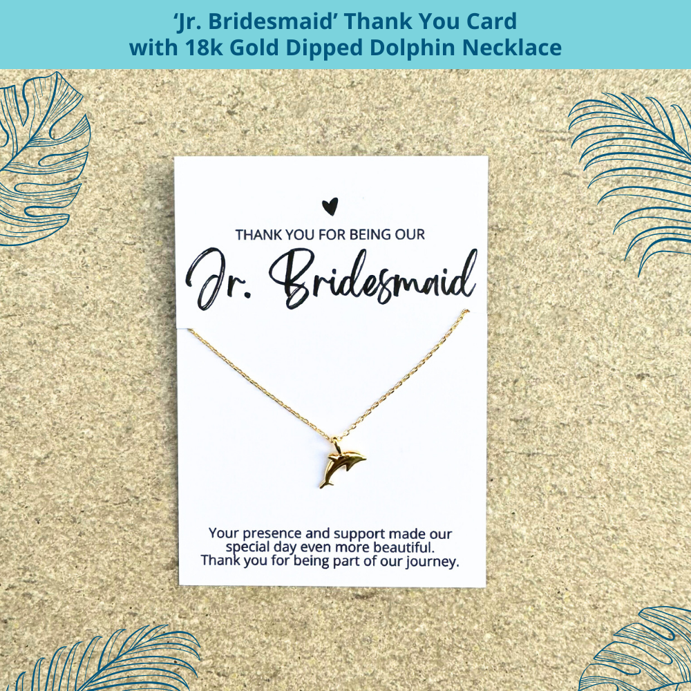 beach wedding bridal party thank you gift with 18k gold dipped dolphin necklace and jr. bridesmaid thank you card