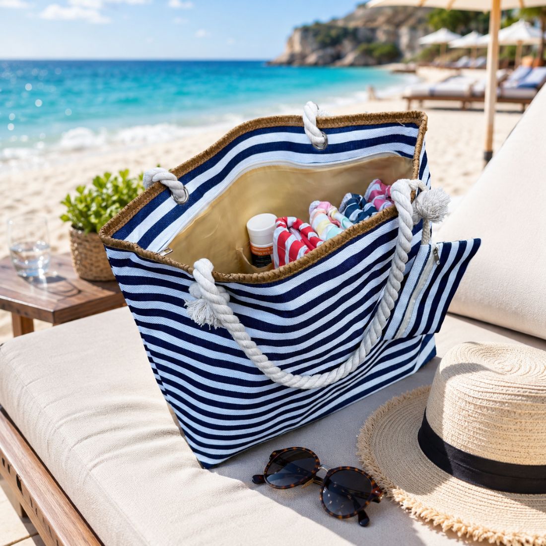 Large navy blue and white striped beach bag packed with towels, sunscreen, sitting on a beach lounger with ocean view.