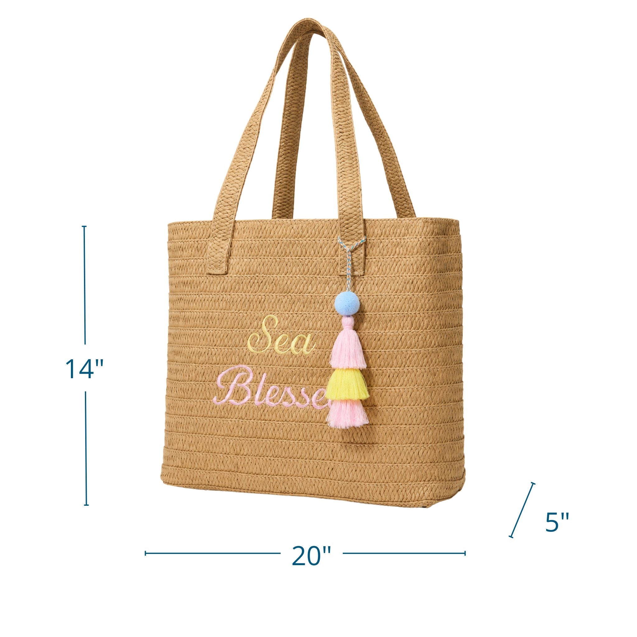 Sea Blessed raffia tote bag measuring 20 inches wide, 14 inches high, and 5 inches deep