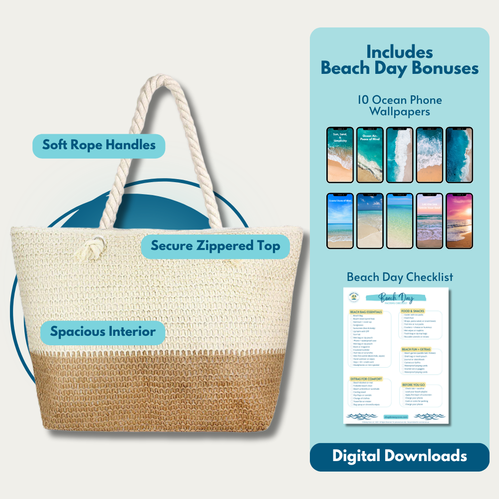 large Straw beach bag with zipper and rope handles shown with beach day checklist, and phone wallpapers.