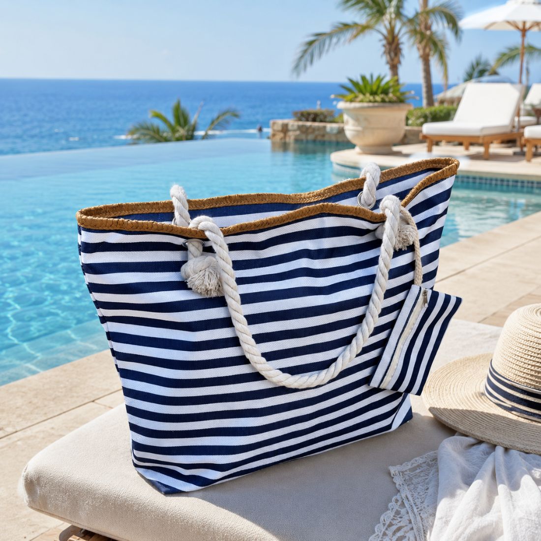 Navy blue and white striped beach bag with zipper beside a pool and sun hat under bright coastal light.