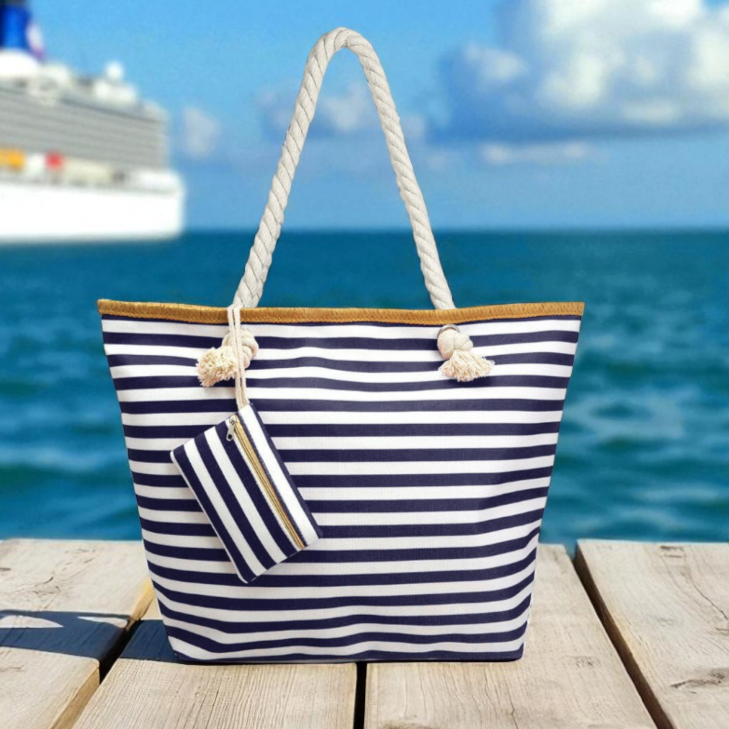 quality beach bag under $50, navy and white striped beach bag in canvas, large tote beach bags for women
