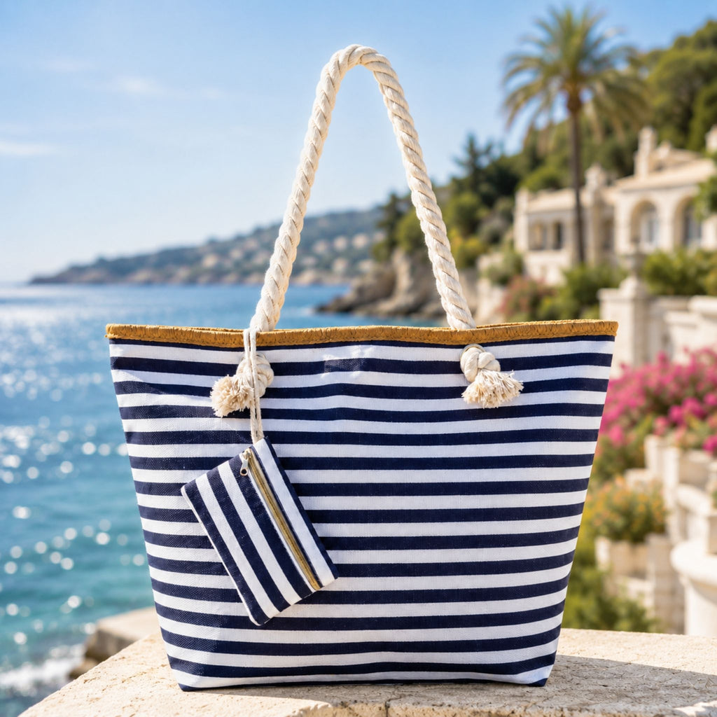 Large navy and white striped canvas beach tote bag for women with zipper closure