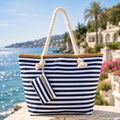 Large navy and white striped canvas beach tote bag for women with zipper closure