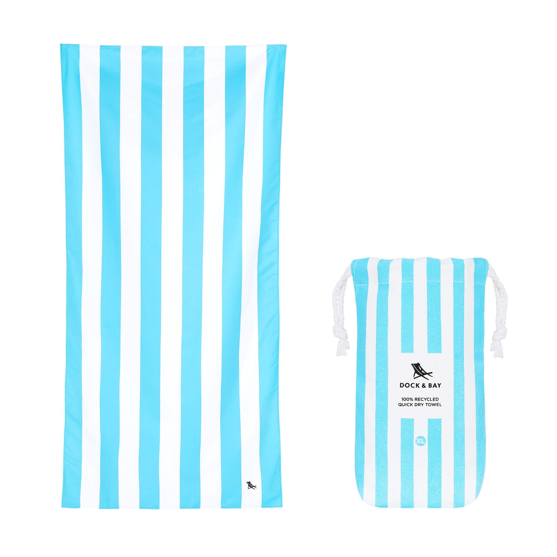 Light blue striped microfiber beach towel with matching carry pouch for beach days, pool trips, vacations, and travel