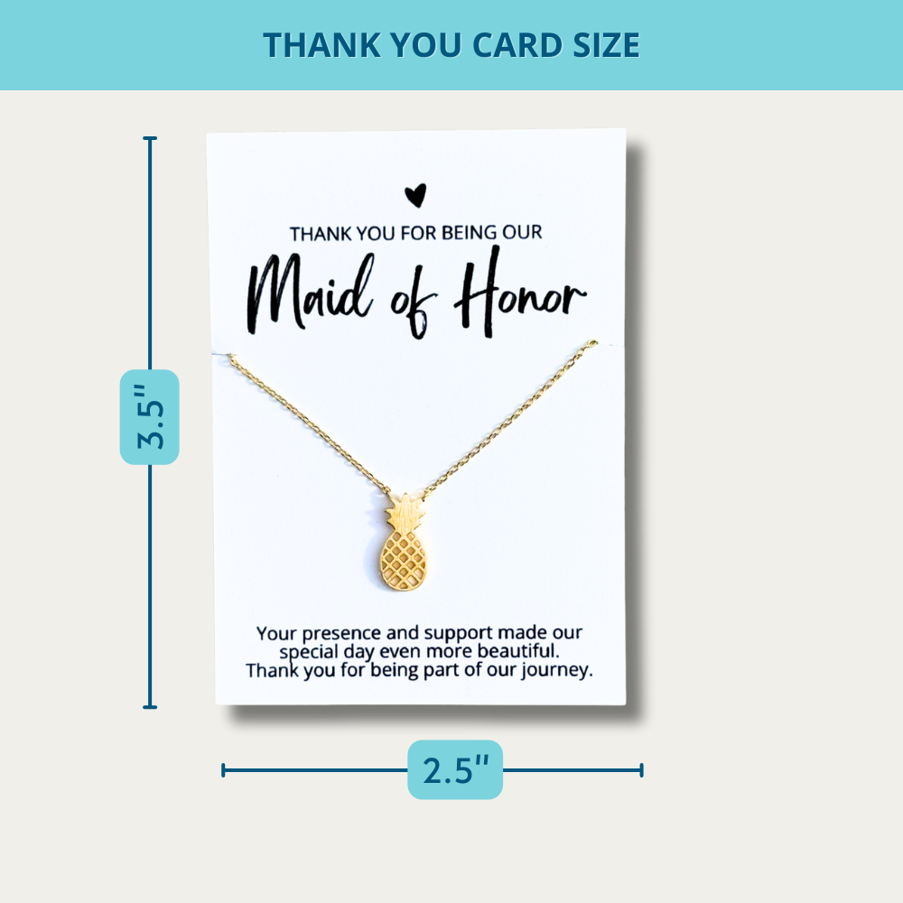 an 18k gold dipped pineapple necklace on a bridesmaid thank you card for an affordable bridal party gift for beach wedding size