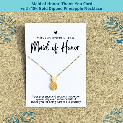 an 18k gold dipped pineapple necklace on a bridesmaid thank you card for an affordable bridal party gift for beach wedding