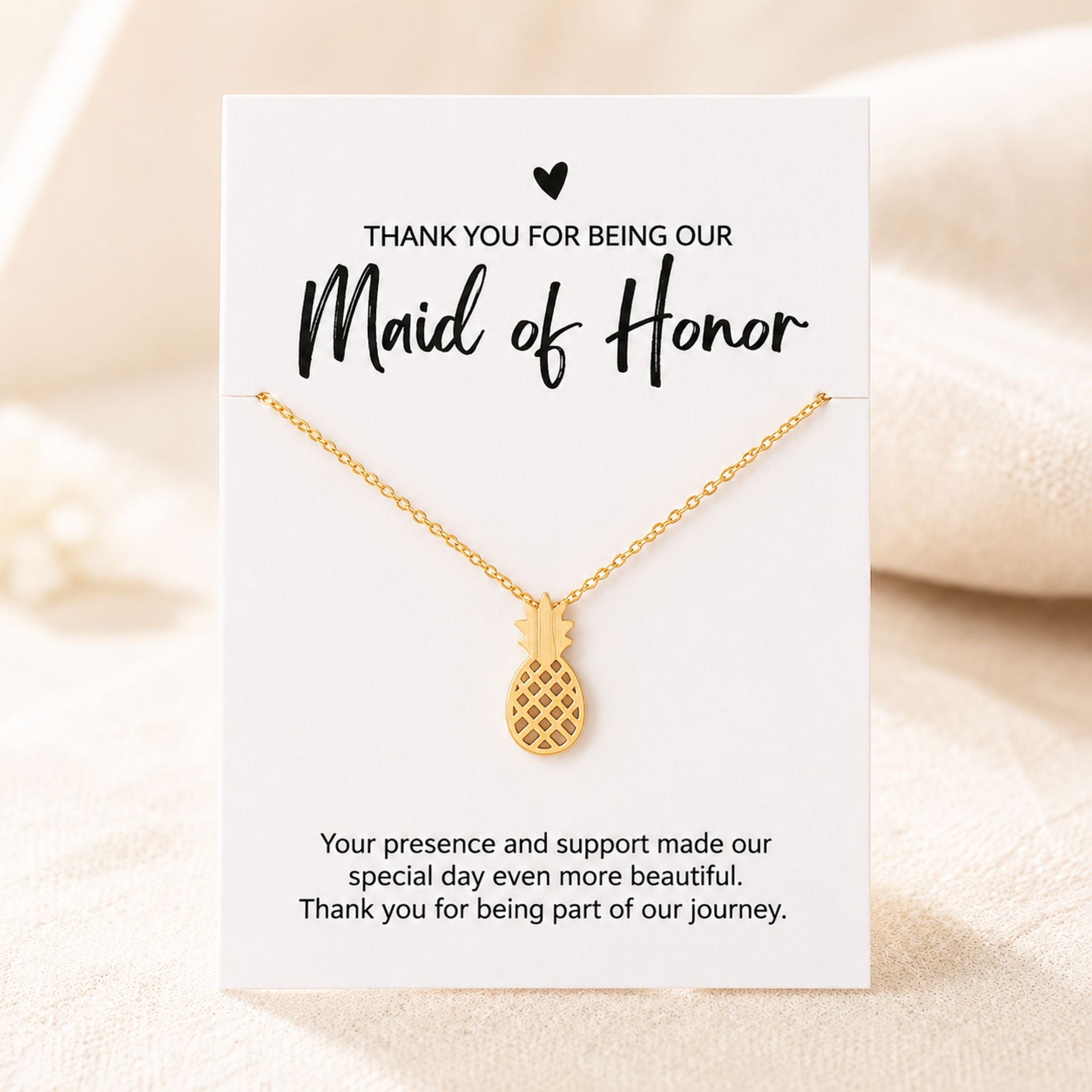 Maid of Honor beach wedding necklace gift with gold pineapple pendant and thank you card