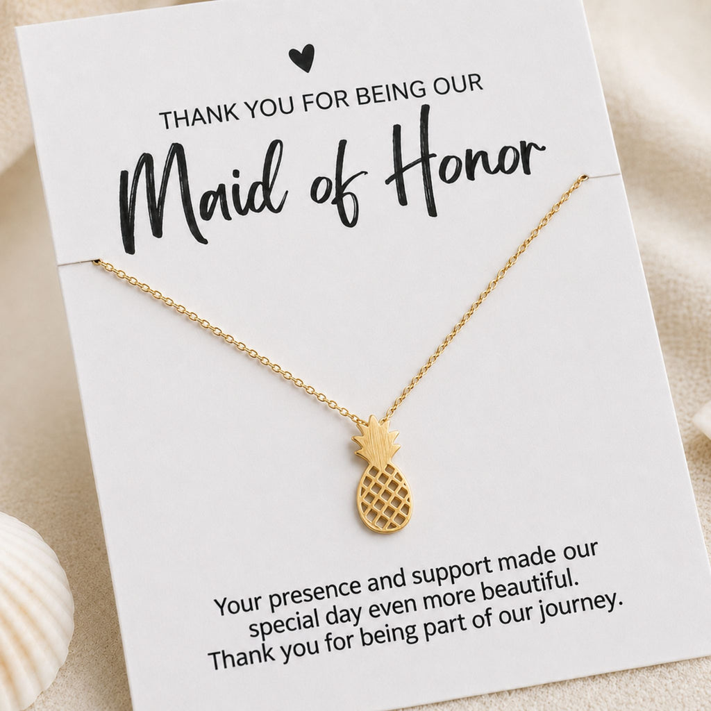 Maid of Honor coastal necklace gift with gold pineapple pendant and thank you card
