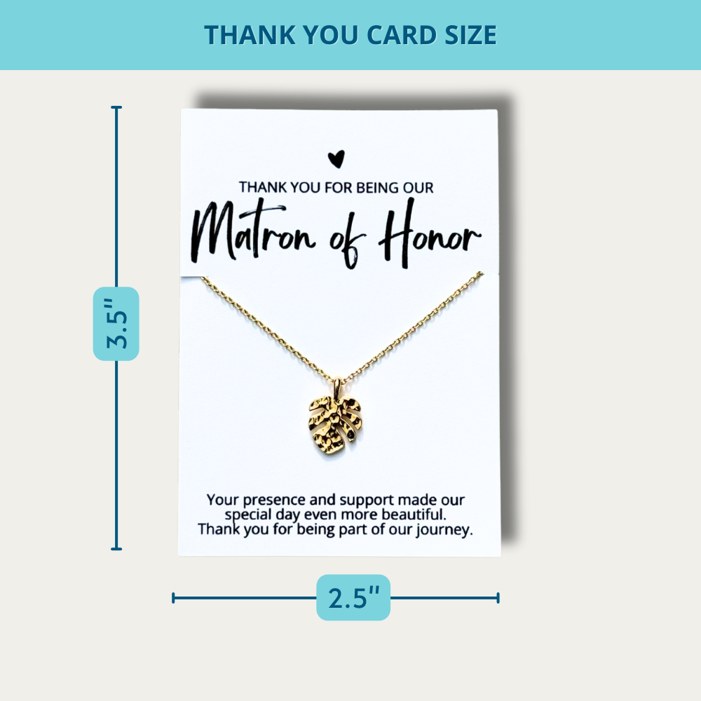 thank you card size for an 18k gold dipped tropical monstera leaf necklace on a bridesmaid thank you card for an affordable bridal party gift for beach wedding