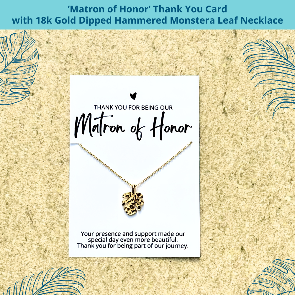 beach wedding bridal party thank you gift with 18k gold dipped tropical monstera leafnecklace and jr. bridesmaid thank you card