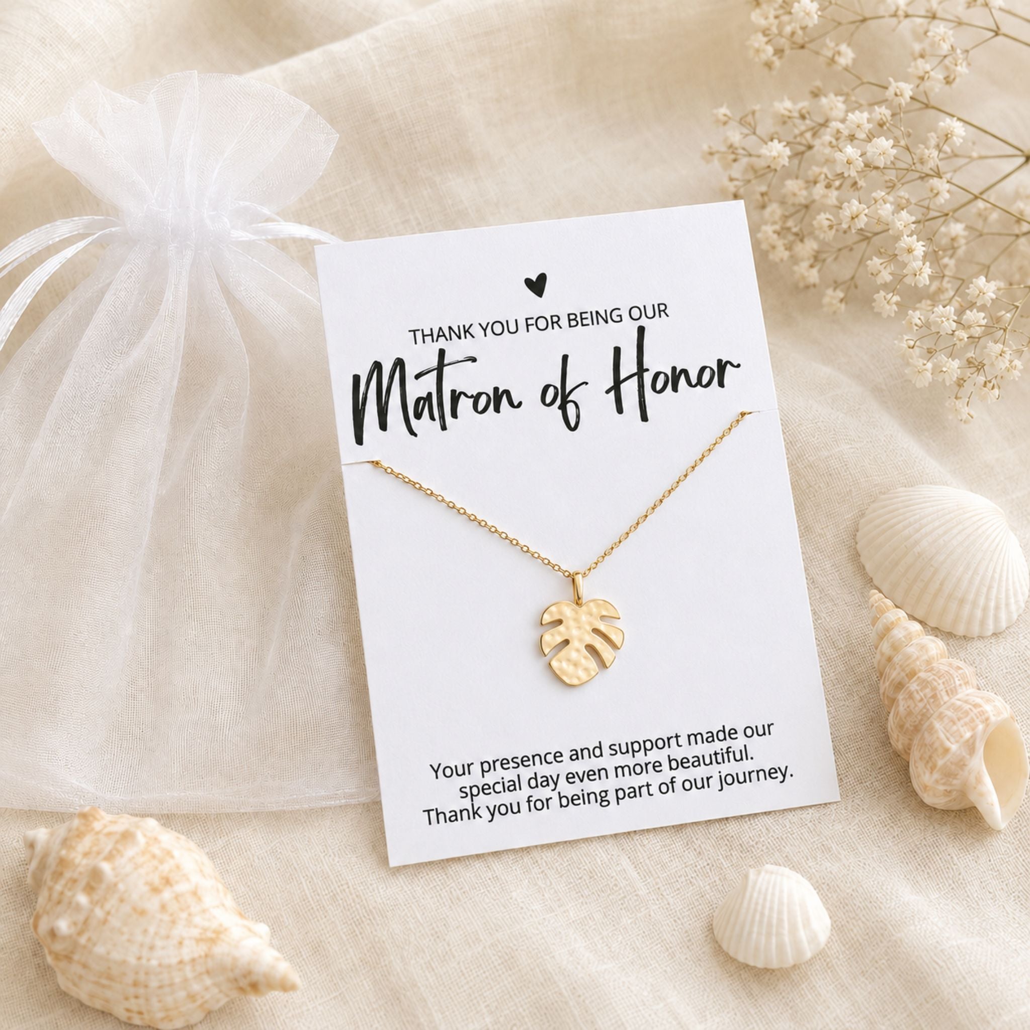 Matron of Honor beach-inspired necklace gift with gold monstera leaf pendant and thank you card