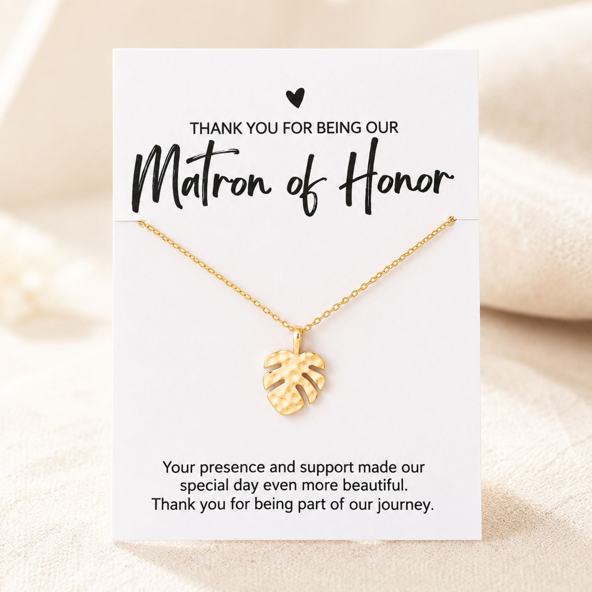Matron of Honor beach wedding necklace gift with gold monstera leaf pendant and thank you card