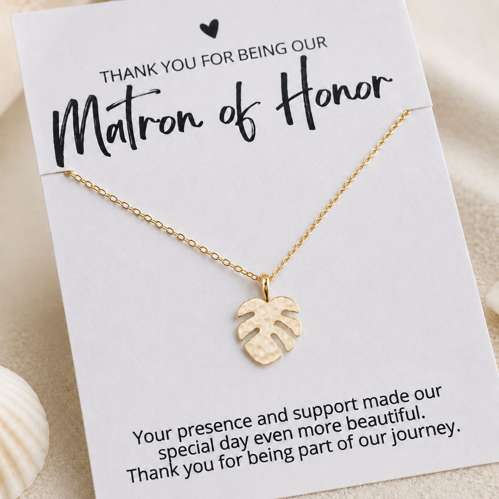 Matron of Honor coastal necklace gift with gold monstera leaf pendant and thank you card