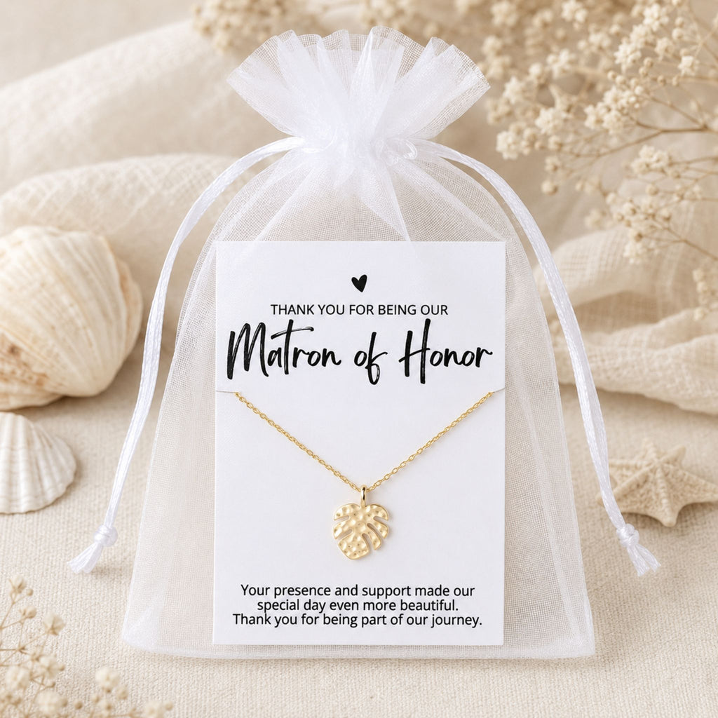 Matron of Honor necklace gift packaged in a white organza bag for a beach wedding