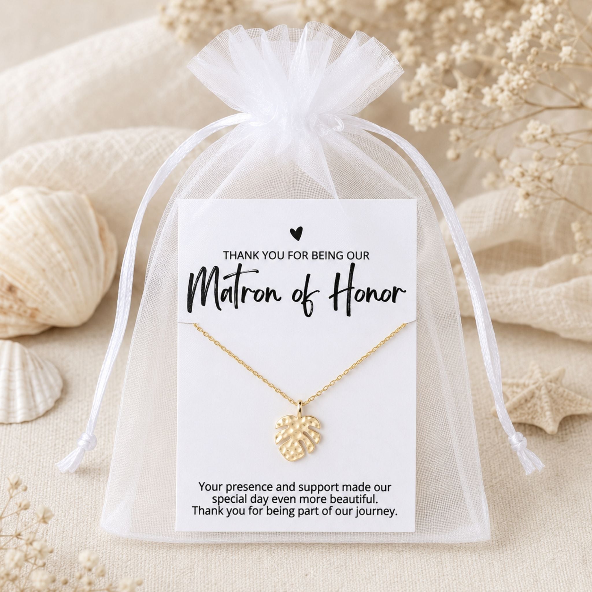 Matron of Honor necklace gift packaged in a white organza bag for a beach wedding