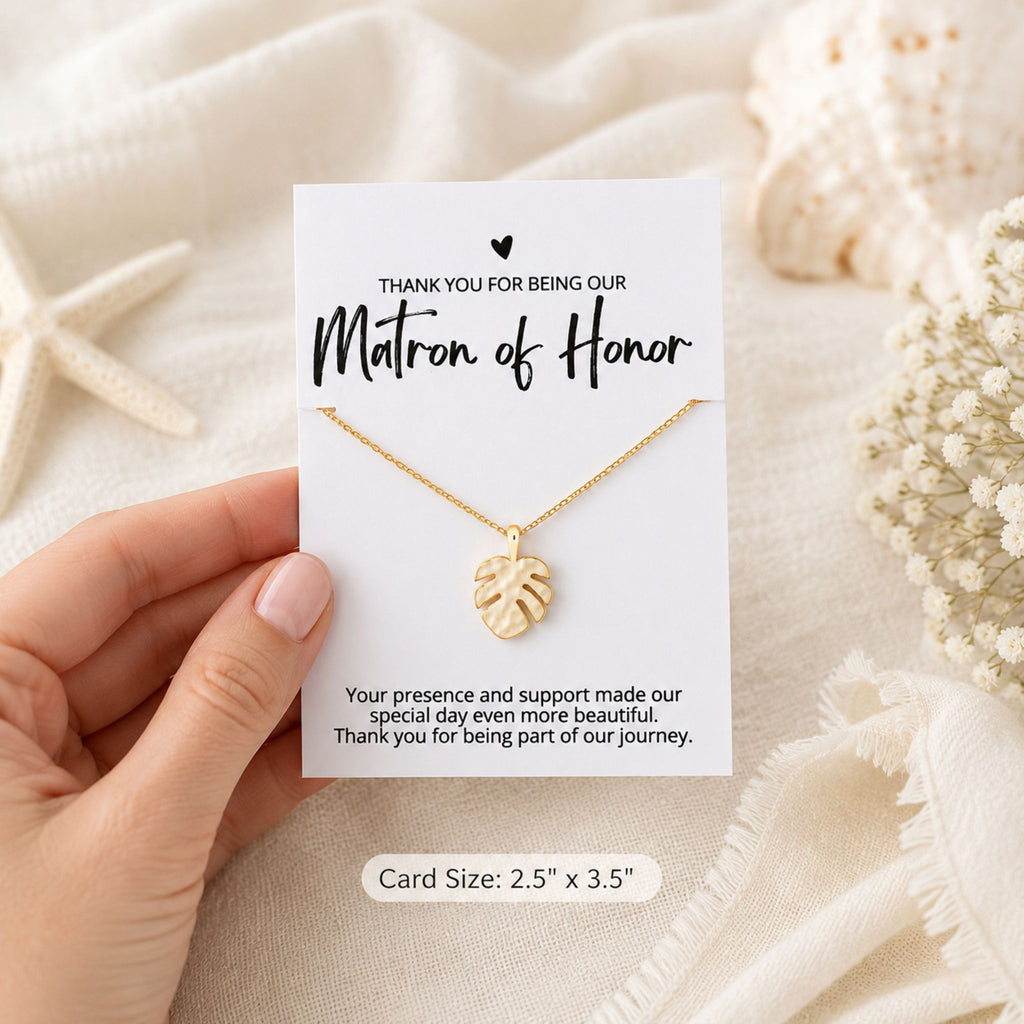 Matron of Honor beach wedding necklace gift shown in hand for size reference
