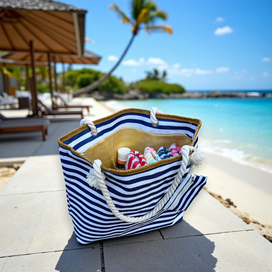 oversized navy and white striped nautical beach bag on a stone tile beach boardwalk with loungers and umbrellas in the background