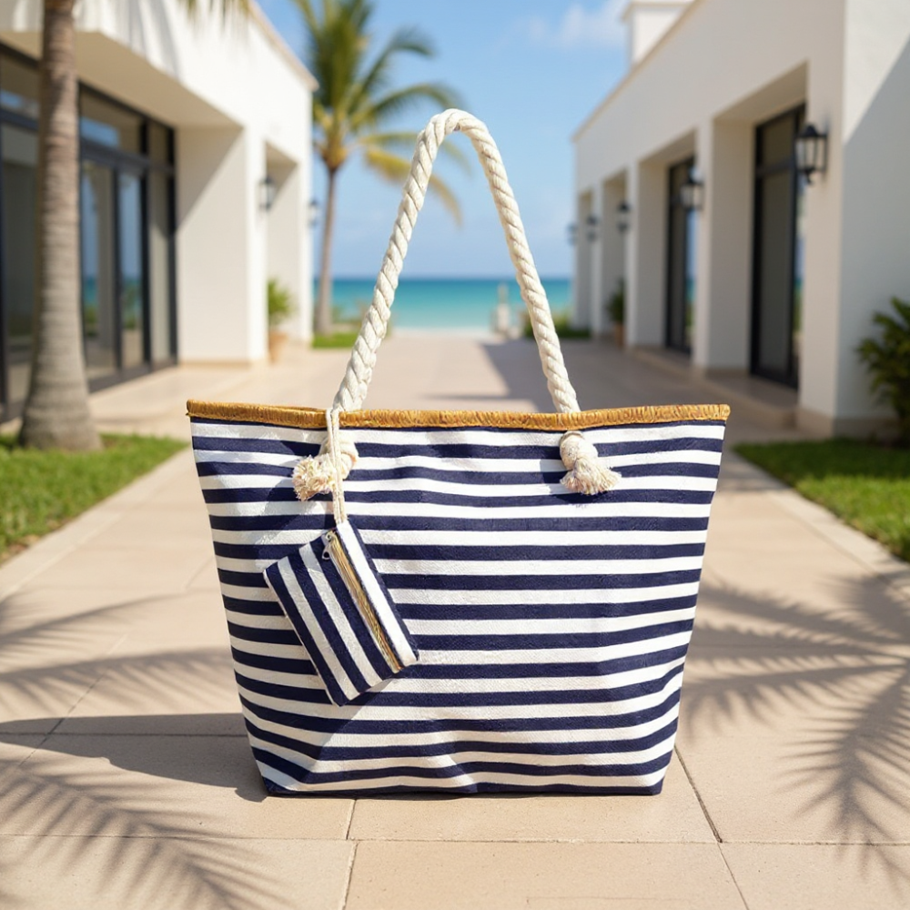 Navy and white striped beach tote bag with rope handles and matching coin purse, placed in a tropical resort walkway with palm trees and ocean in the background