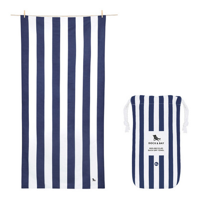 navy blue and white striped quick dry Dock and Bay extra large Beach towel with carrying bag