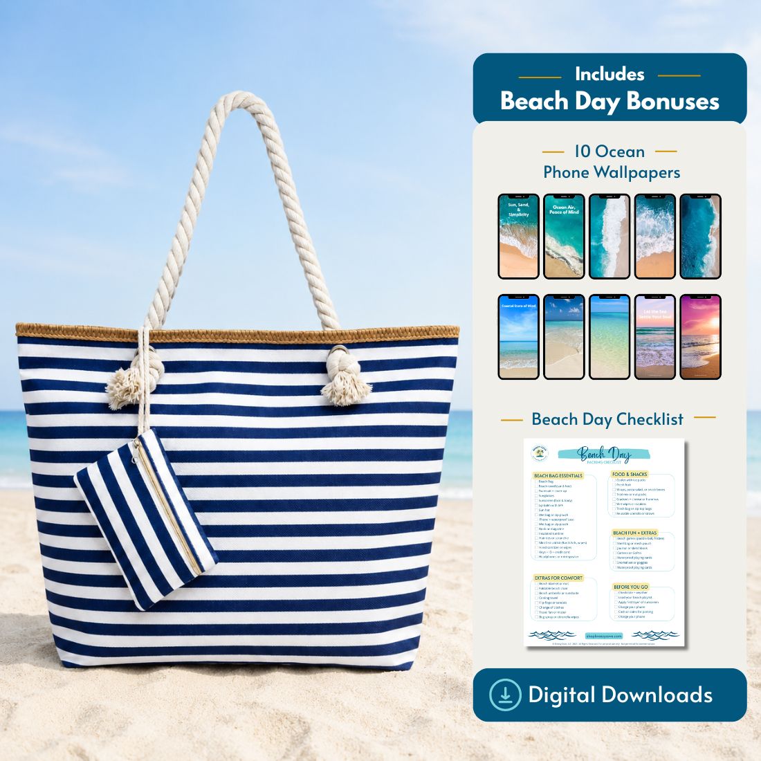 Navy blue and white striped beach bag with soft rope handles, secure zippered top, spacious interior, and matching coin purse. Includes bonus Beach Day Checklist and 10 ocean phone wallpapers.