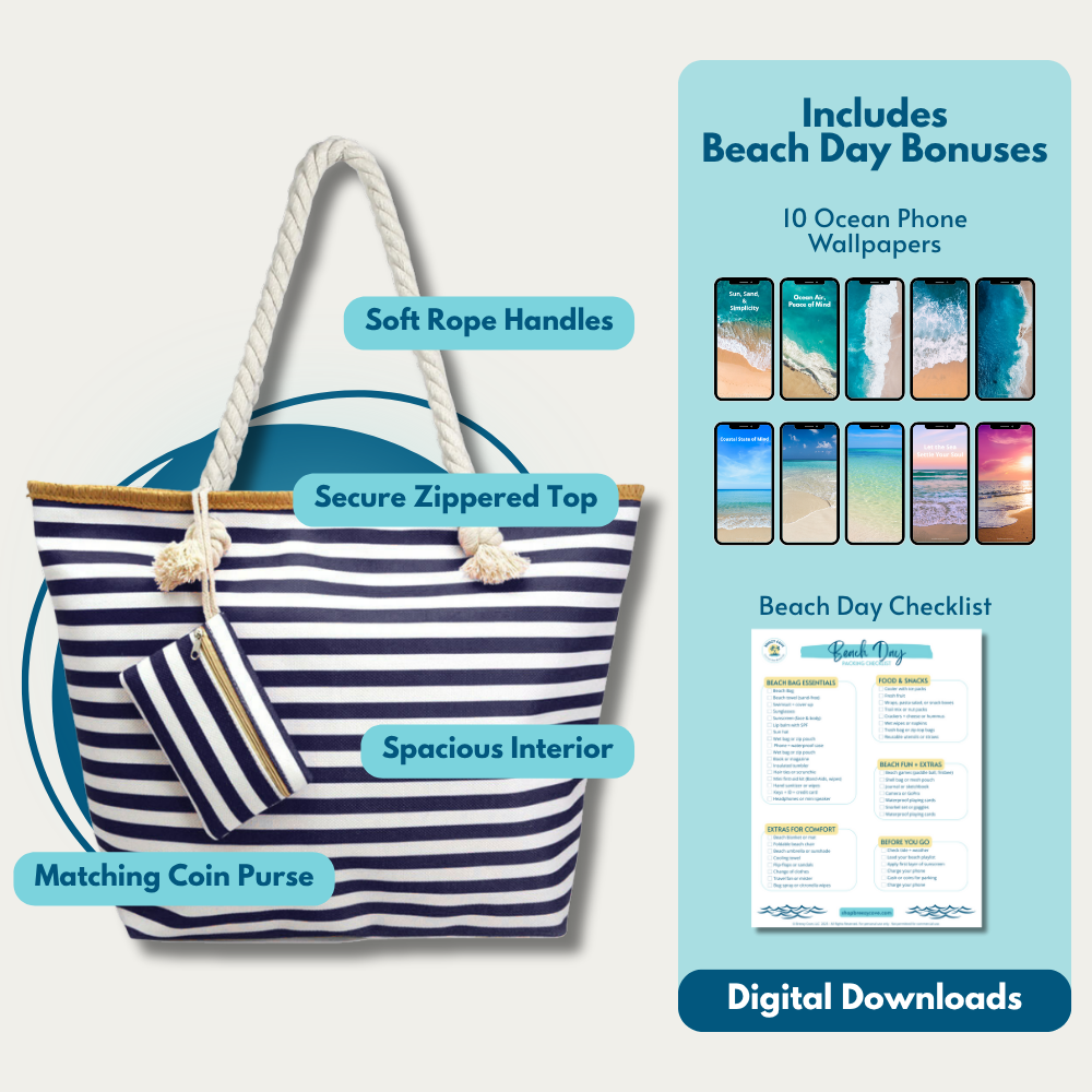 Flat lay of navy and white striped beach bag with soft rope handles, secure zippered top, spacious interior, and matching coin purse. Includes bonus Beach Day Checklist and 10 ocean phone wallpapers.
