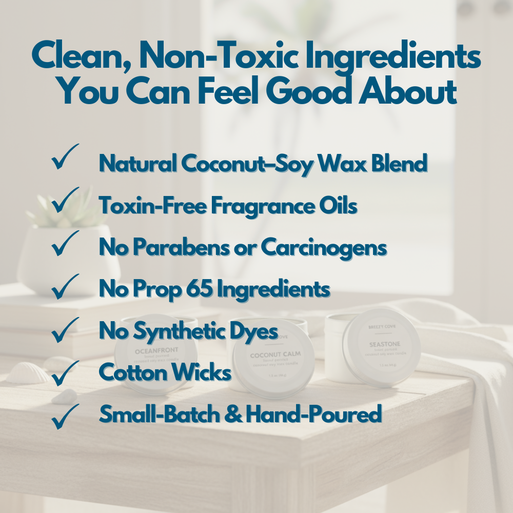 Clean ingredients graphic listing natural coconut–soy wax, toxin-free fragrance oils, no parabens, no dyes, cotton wicks, and hand-poured candles.