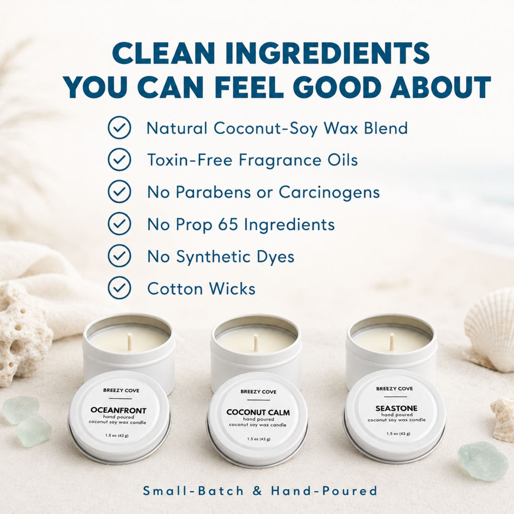 Clean ingredients graphic for Beachside nontoxic beach candles showing coconut-soy wax blend, toxin-free fragrance oils, no parabens, no synthetic dyes, and cotton wicks.