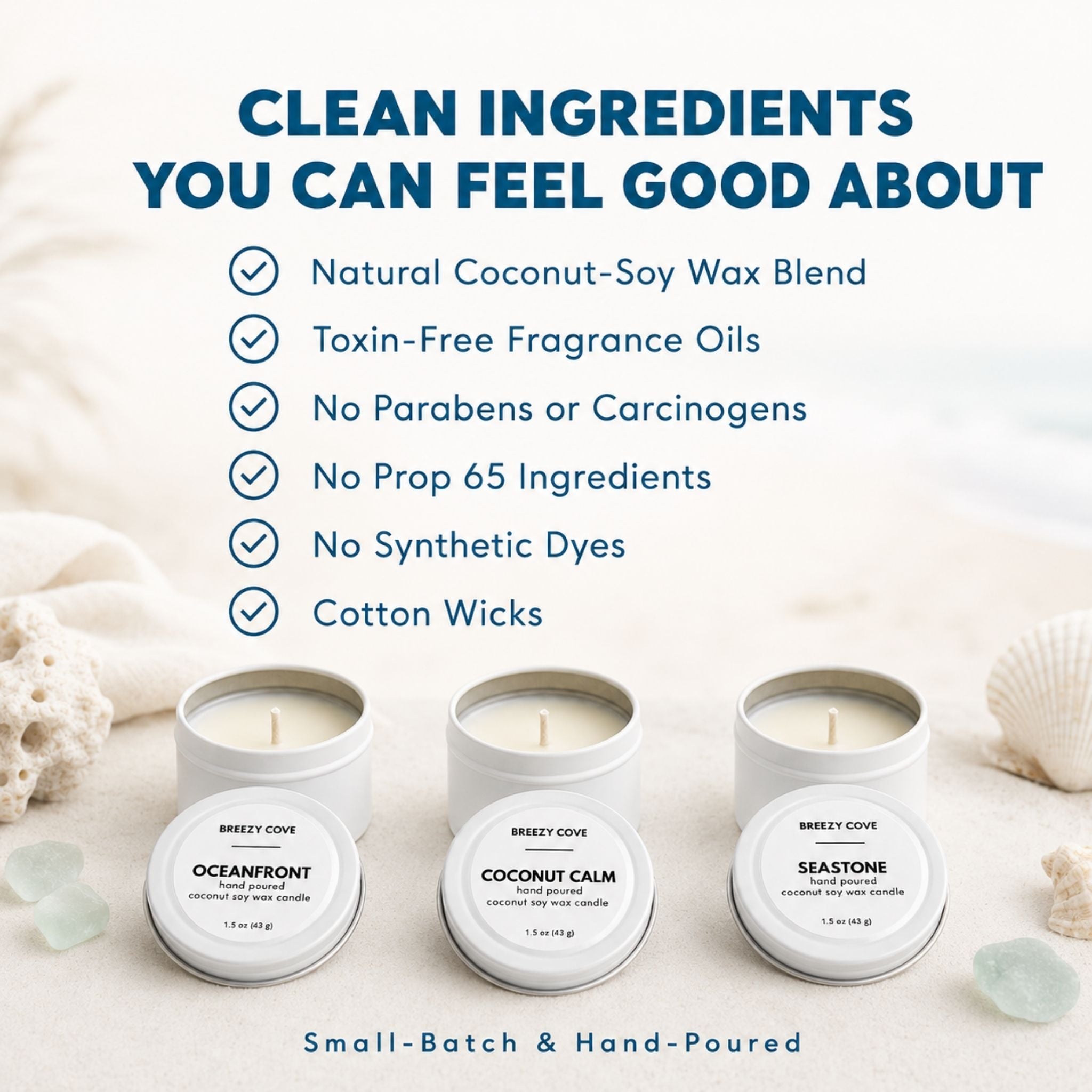 Clean ingredients graphic for Beachside nontoxic beach candles showing coconut-soy wax blend, toxin-free fragrance oils, no parabens, no synthetic dyes, and cotton wicks.