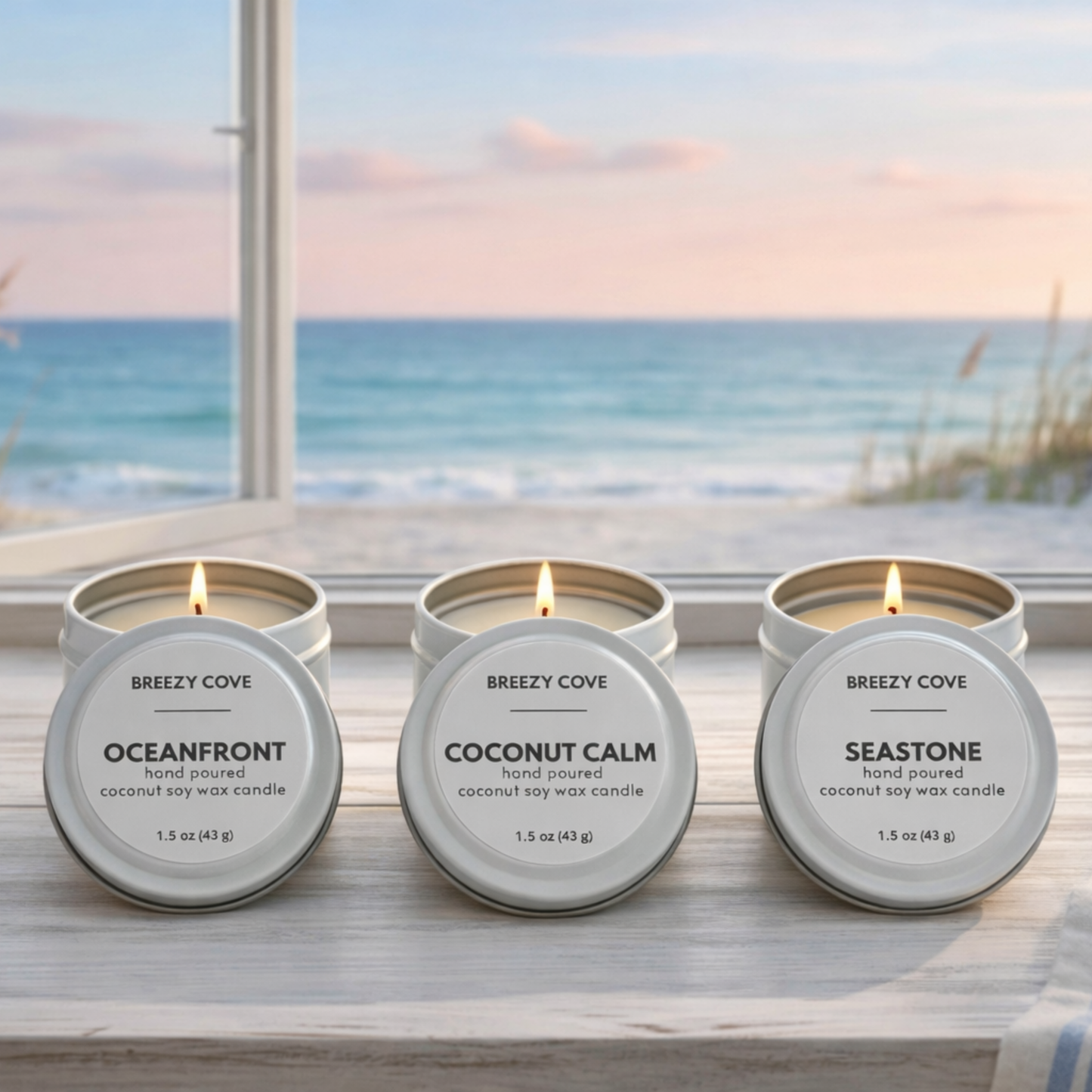 Beach house inspired trio of clean burning nontoxic coconut–soy candles with an ocean view.