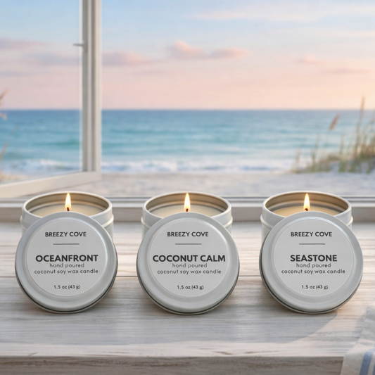 Beach house inspired trio of clean burning nontoxic coconut–soy candles with an ocean view.