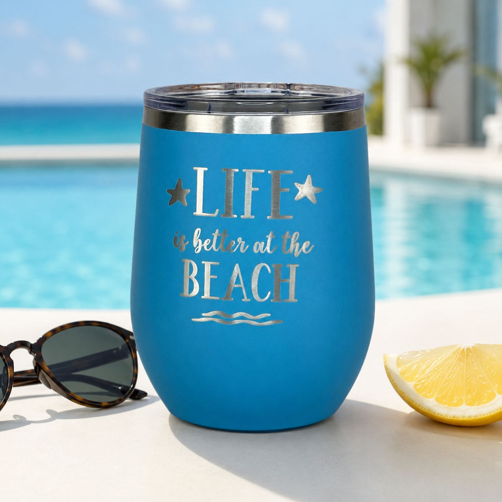 Ocean blue beach tumbler cup with lid for cold drinks by the pool