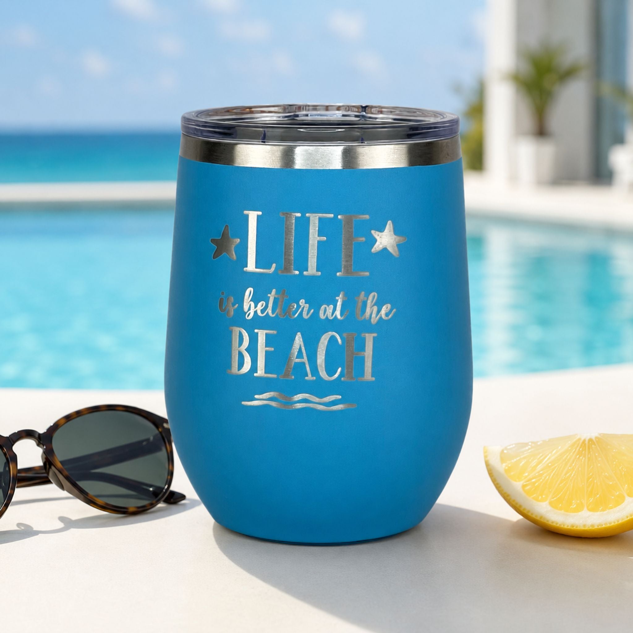 Ocean blue beach tumbler cup with lid for cold drinks by the pool