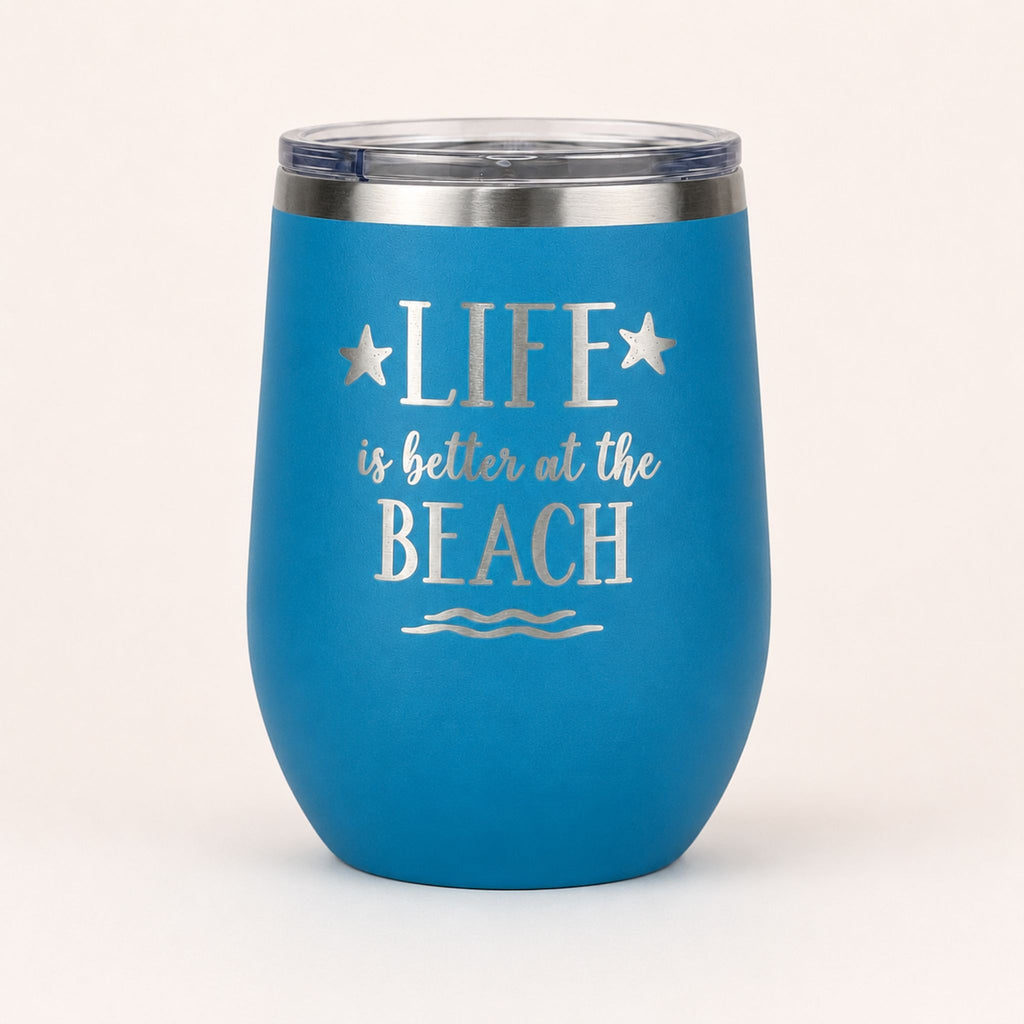 Ocean blue insulated wine tumbler with lid on a clean light background