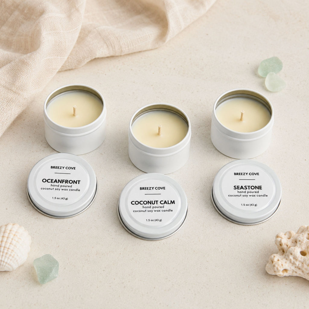 Open Beachside Mini Candle Trio showing nontoxic coconut-soy wax candles with cotton wicks, white tins, and coastal-inspired styling.