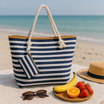 oversized navy and white striped beach bag with coin purse on a neutral beach blanket picnic