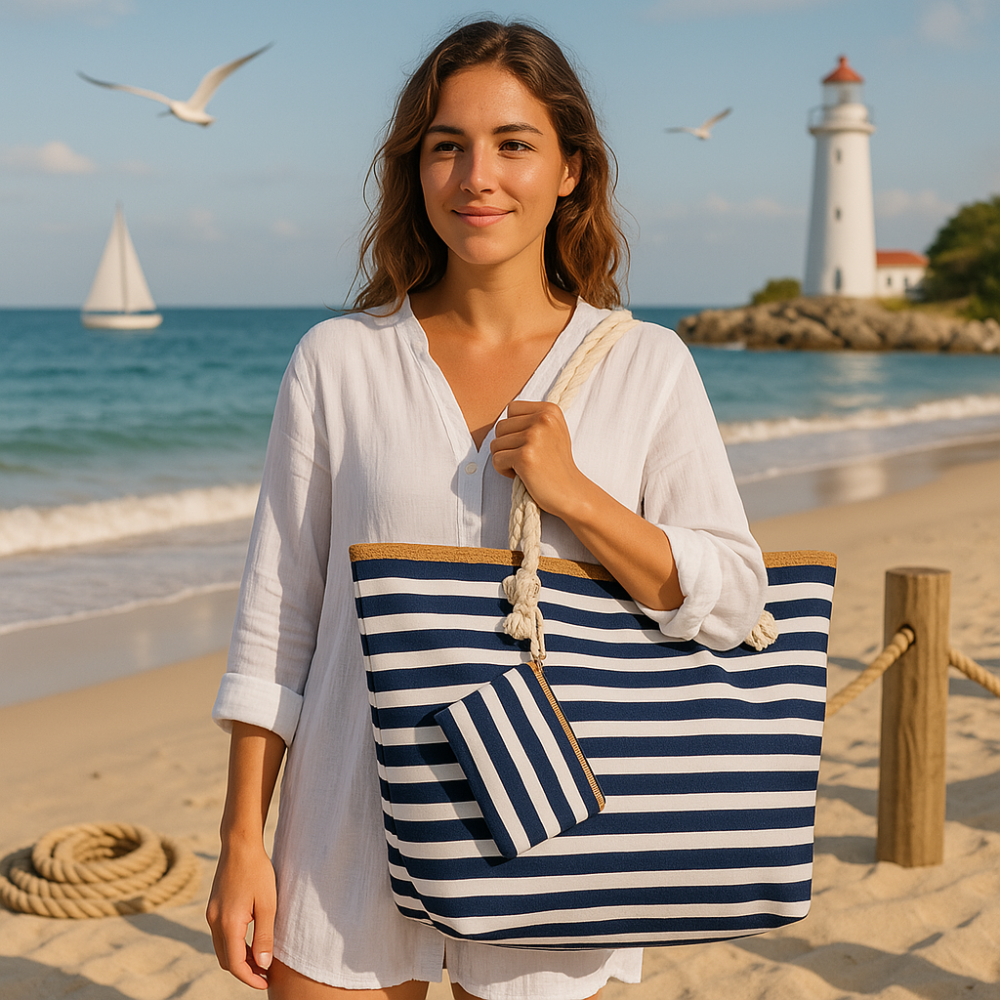 Oversized navy & white striped beach tote with rope handle, modeled by woman on nautical shoreline with lighthouse