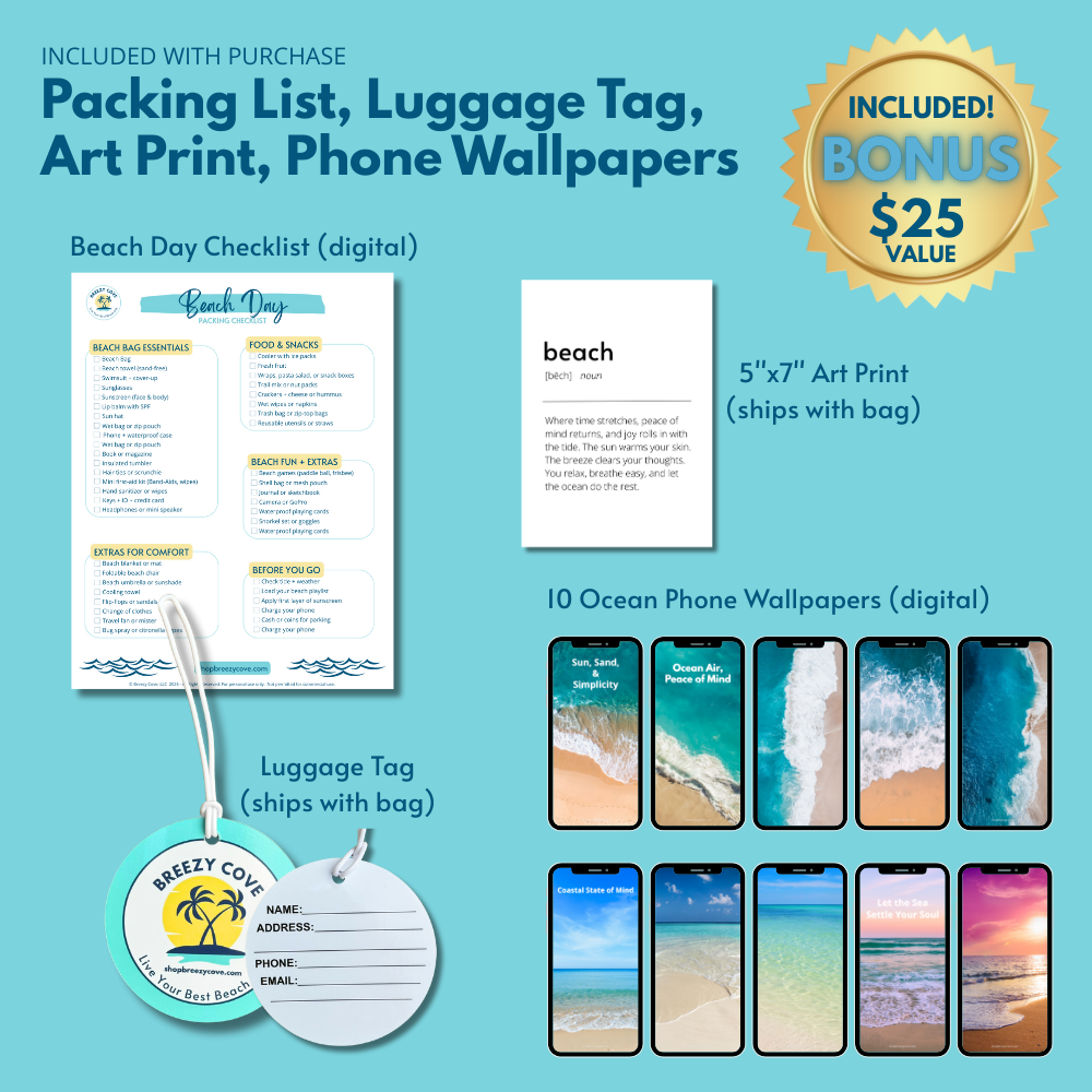 Bonus items included with oversized beach tote bag: luggage tag, art print, beach checklist, phone wallpapers