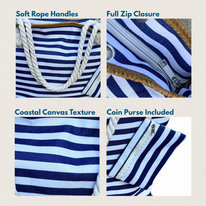 Navy and white striped beach tote with zipper, rope handles and canvas material