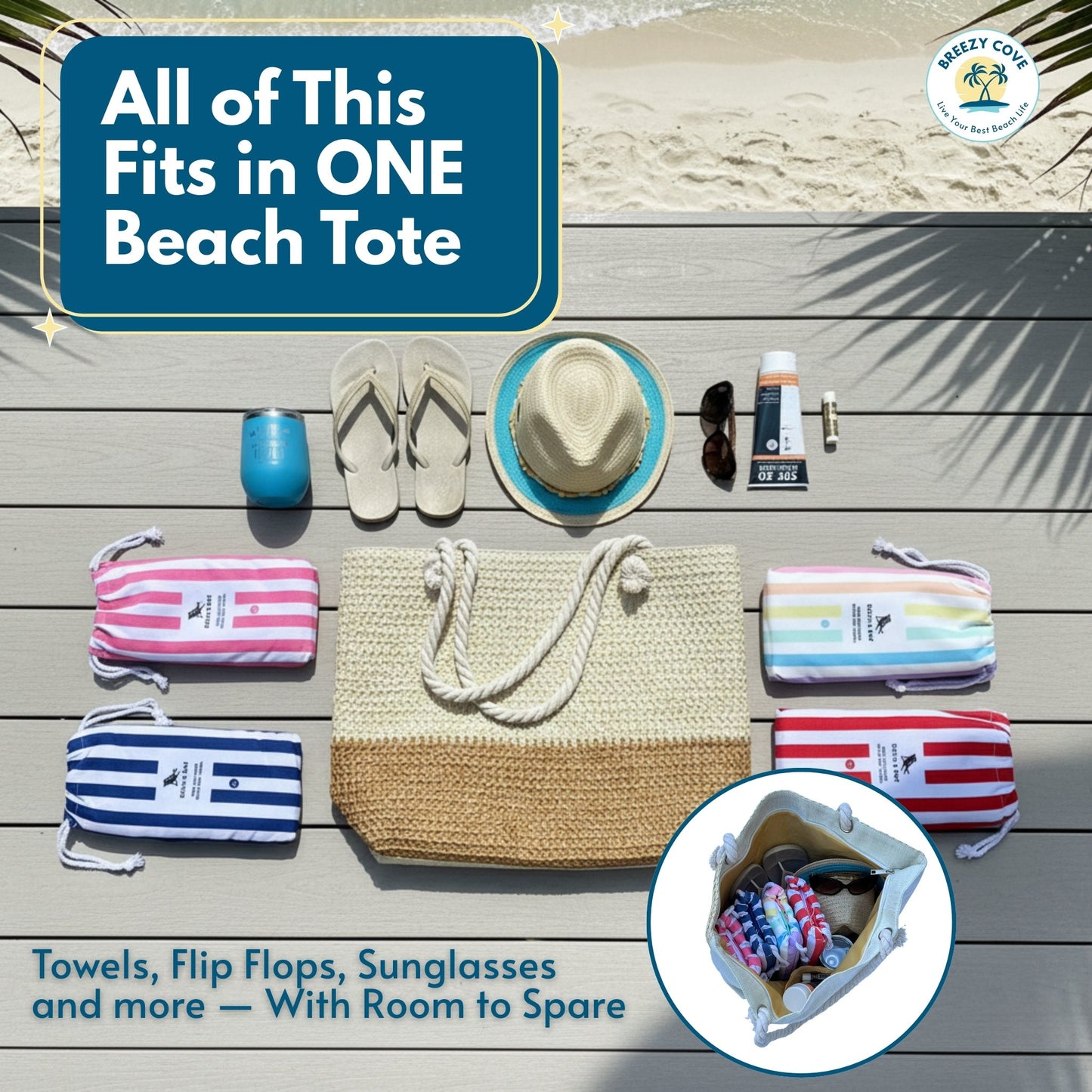 extra large, oversized capacity straw beach bag tote with towels, flip flops, sunglasses, and other items on a wooden surface.