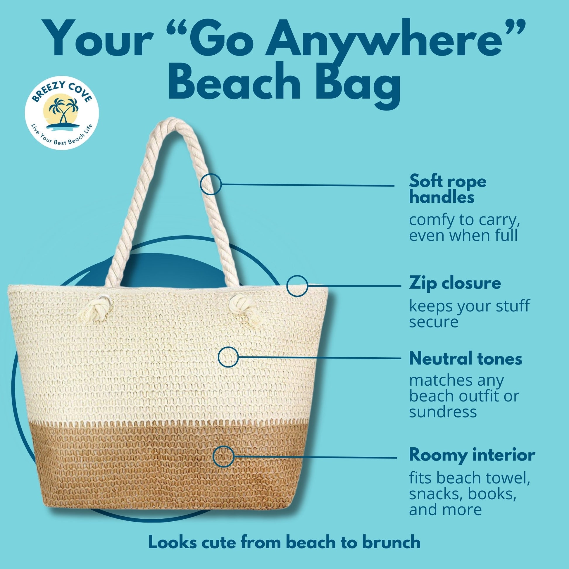 oversized, large capacity straw beach bag tote with rope handles, zipper