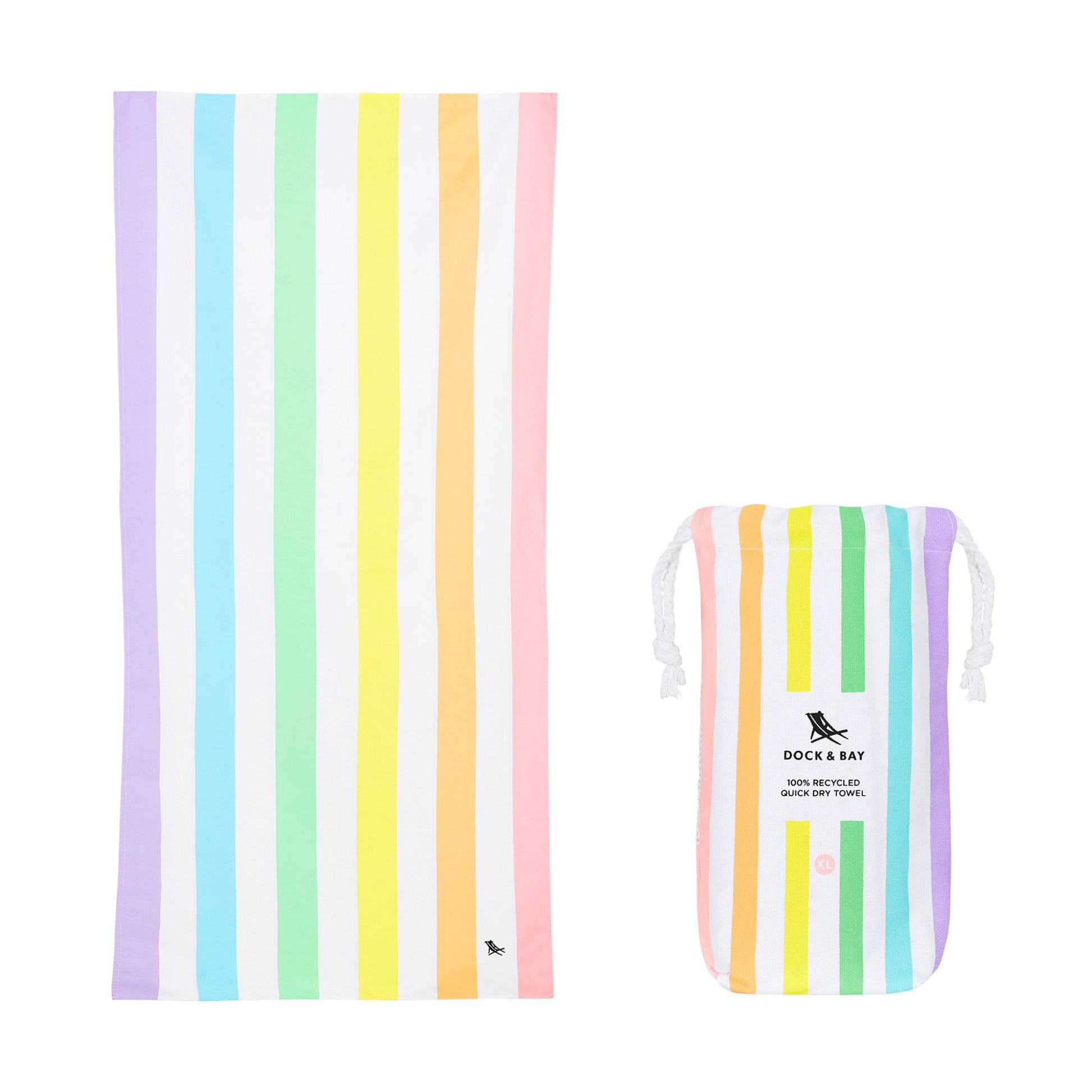 Pastel striped microfiber beach towel with matching carry pouch for beach days, pool trips, and travel