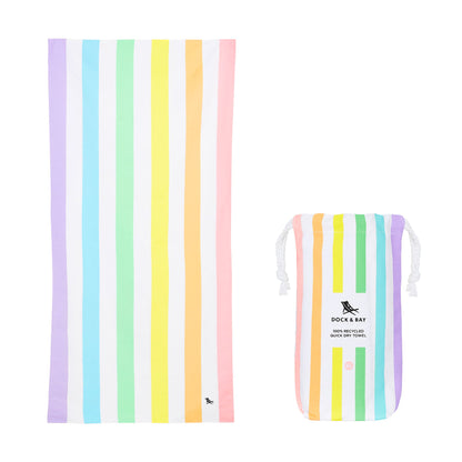 Pastel striped microfiber beach towel with matching carry pouch for beach days, pool trips, and travel