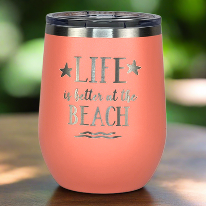 peach, engraved, metal, insulated 12 oz "Life is better at the beach" metal drink tumbler with lid is perfect for keeping drinks hot or cold