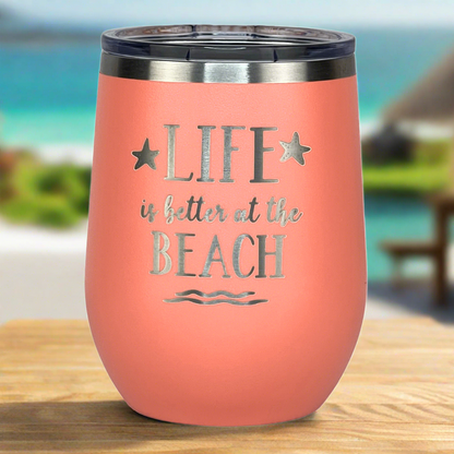 peach, engraved, metal, insulated 12 oz "Life is better at the beach" metal drink tumbler with lid is perfect for keeping drinks hot or cold