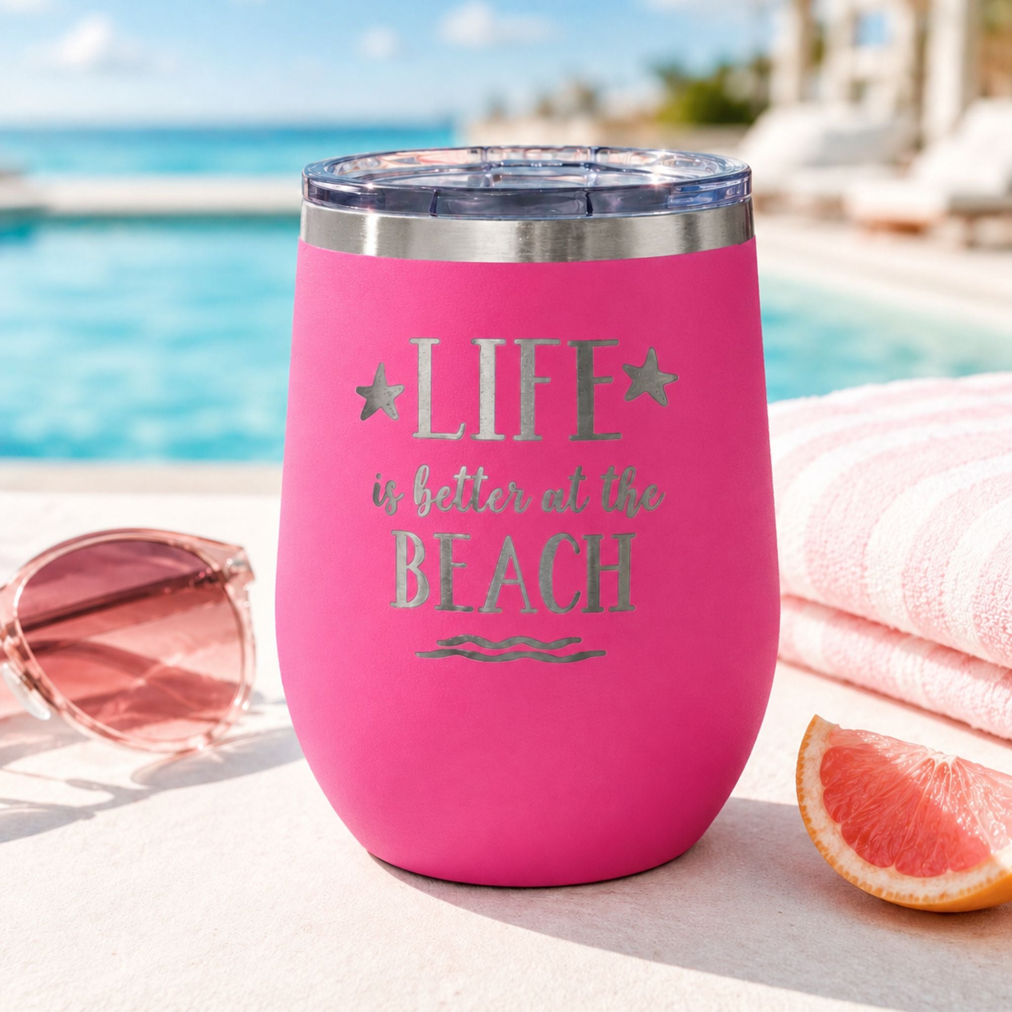 Pink beach tumbler cup with lid for cold drinks by the pool